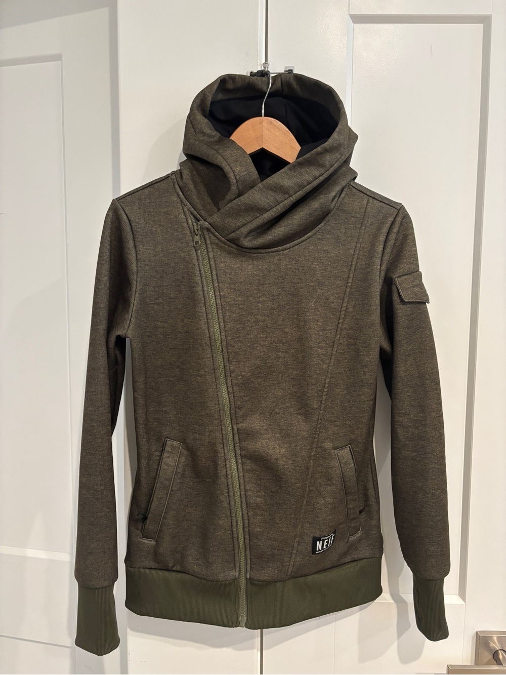 Neff Olive Green Asymmetric Fleece Lined Hoodie Jacket. Size S